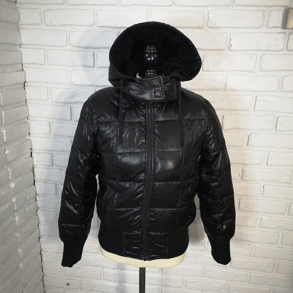 Old Navy Ladies Size Medium Shiny Black Fleece Lined Puffer Bomber Jacket - Picture 5 of 12